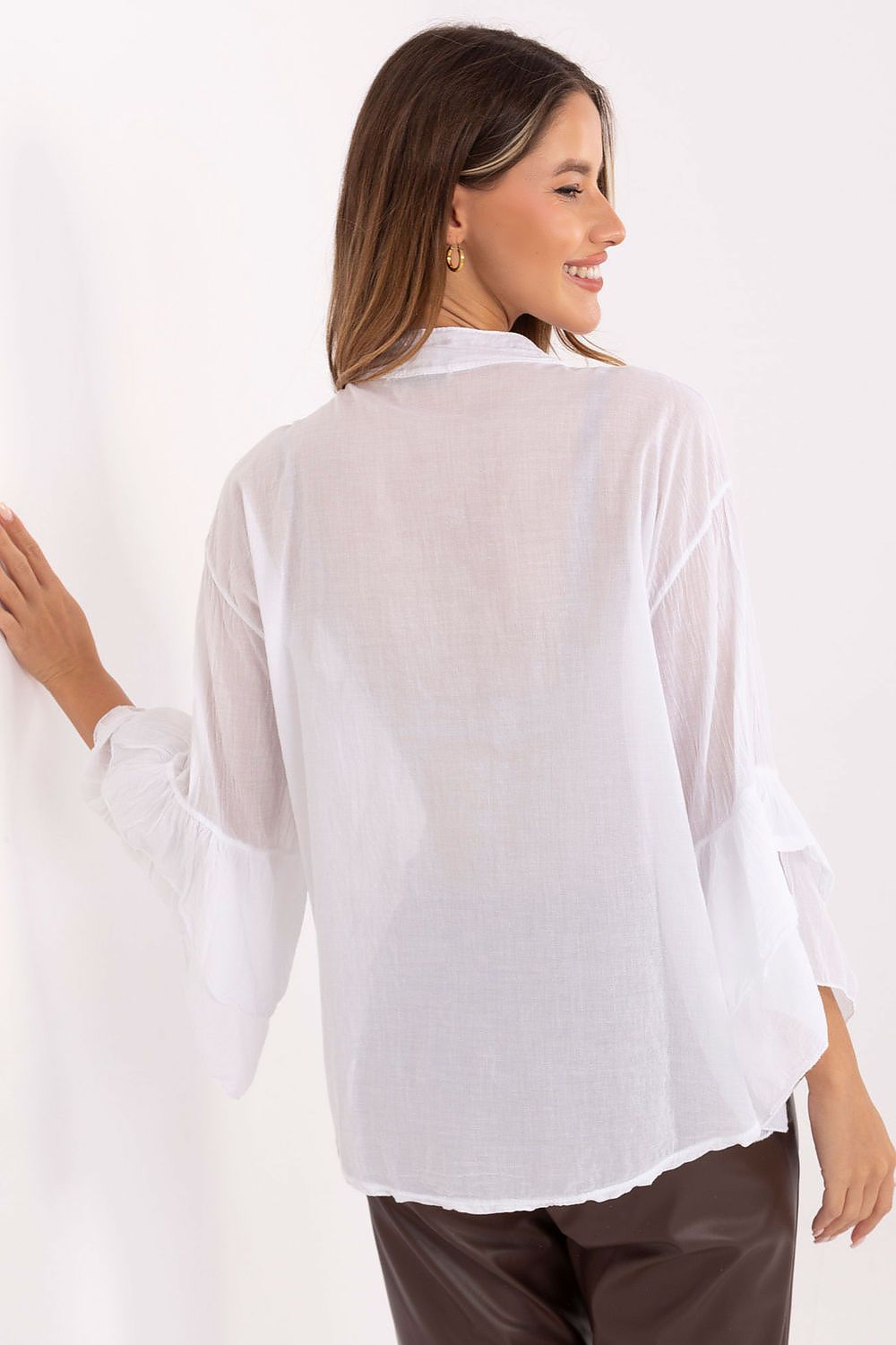 Elegant Italy Moda women's classic cotton shirt featuring ruffled sleeves and round neckline, perfect for formal occasions.