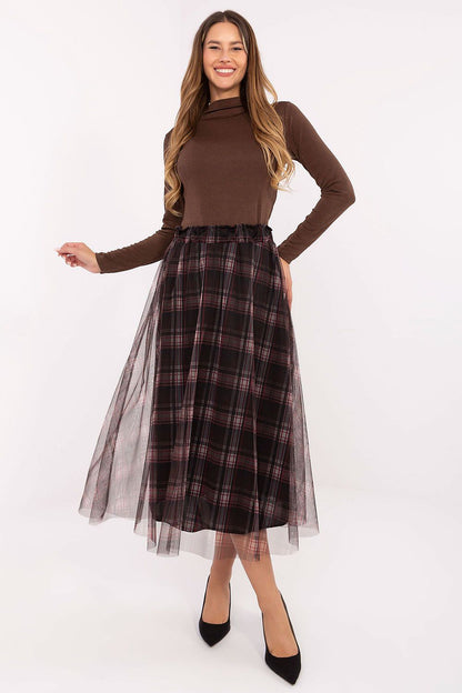 Elegant midi tulle skirt by Italy Moda, featuring a flared cut and exquisite checkered pattern, perfect for adding a touch of luxury to your wardrobe.