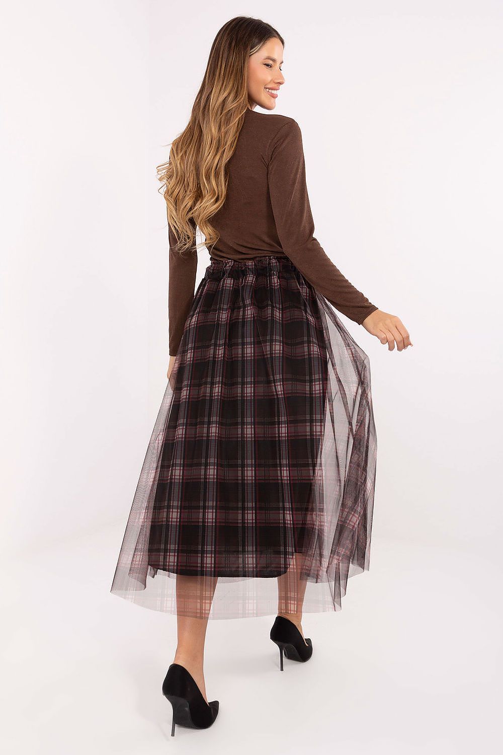 Elegant Midi Tulle Skirt by Italy Moda in checkered pattern, showcasing a flared cut and luxurious comfort for women.