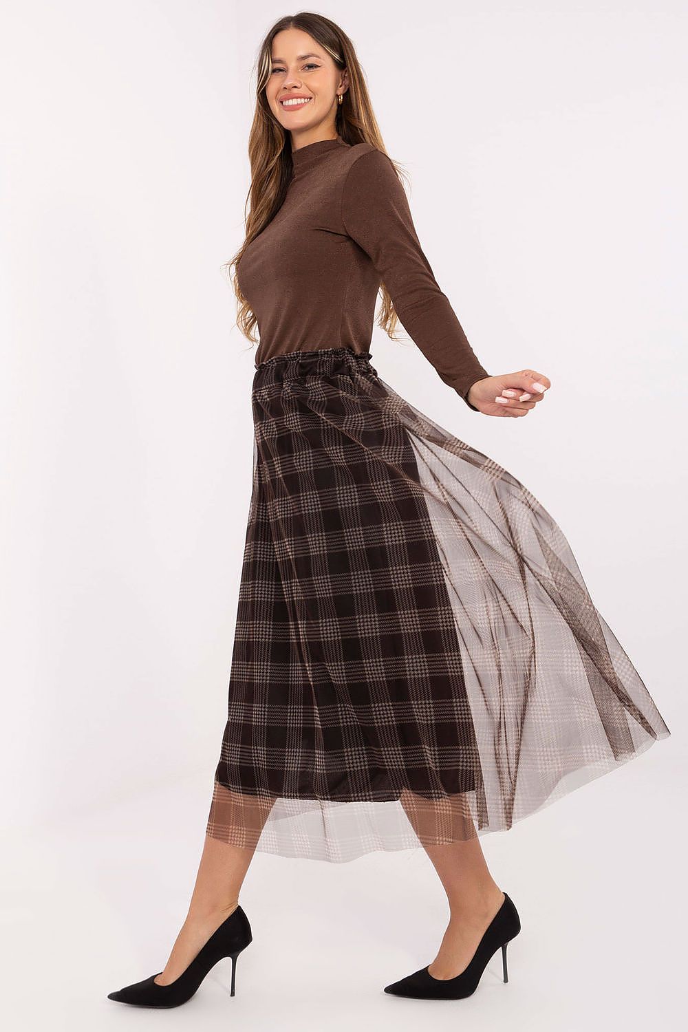 Italy Moda Elegant Midi Tulle Skirt displayed on a mannequin, demonstrating its flattering fit and romantic checkered design for formal occasions.