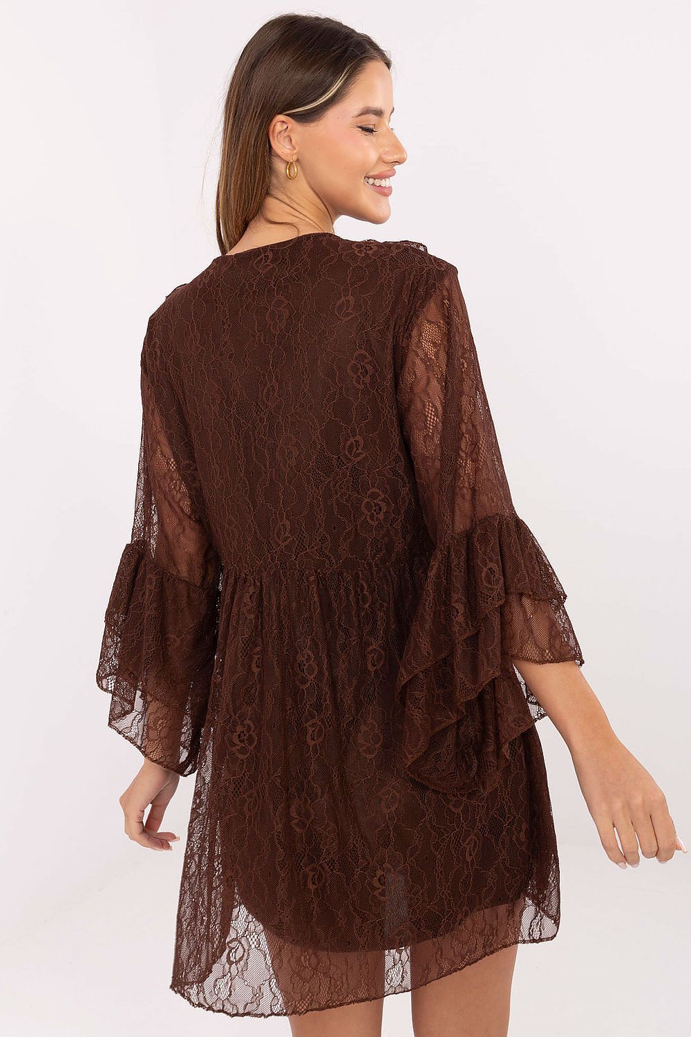 Stylish Italy Moda flared lace dress showcased in a graceful pose, highlighting its feminine silhouette and 3/4 sleeves.