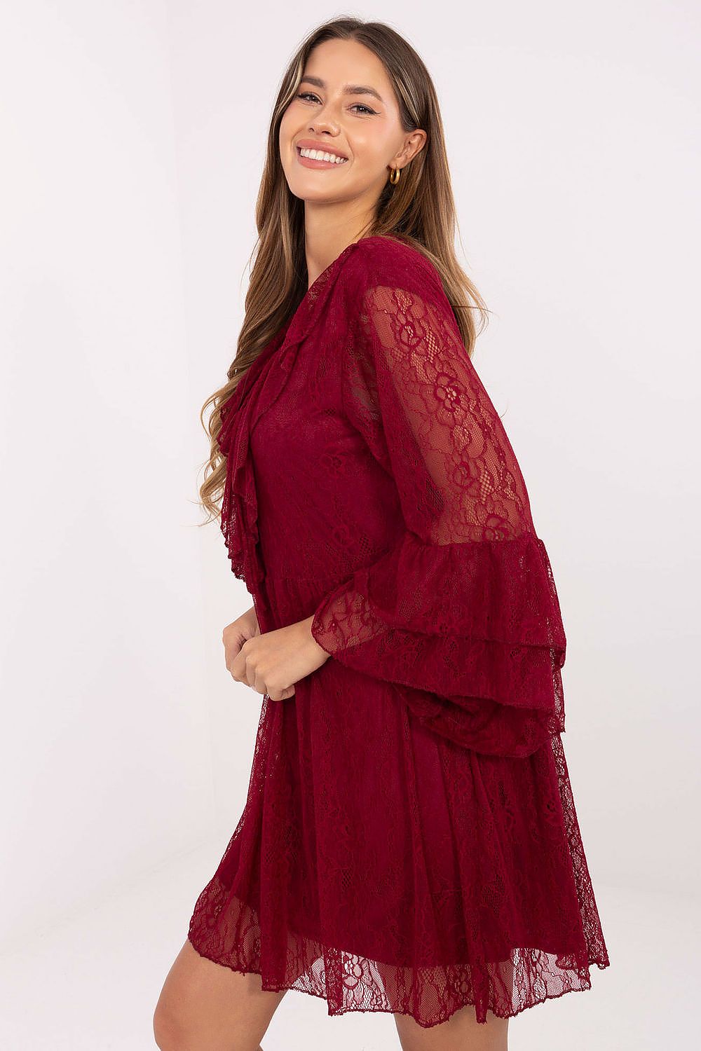 Charming Italy Moda lace evening dress with delicate openwork pattern, highlighting femininity and style.