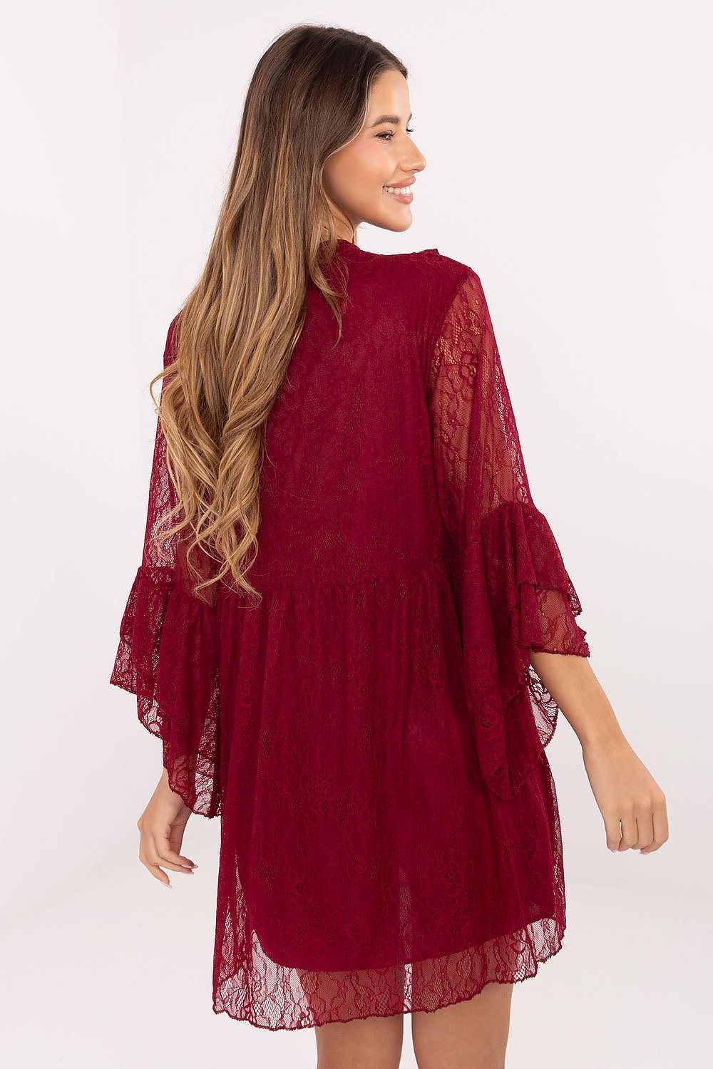 Stylish Italy Moda mini length lace evening dress with romantic jabot detail and ruffled sleeves.