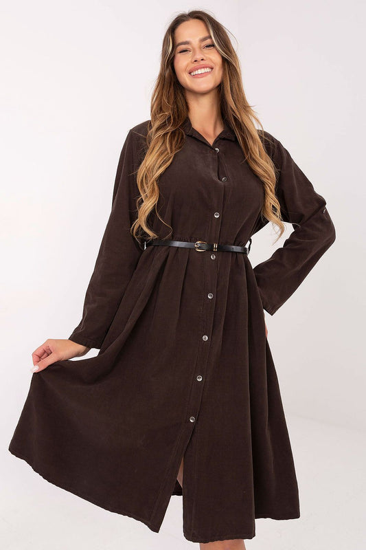 Elegant classic cotton midi shirt dress by Italy Moda, featuring a flared cut, belted waist, and sophisticated long sleeves, perfect for both casual and formal occasions.