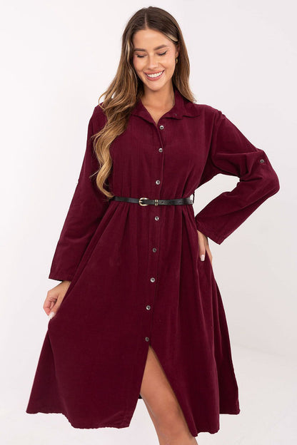 Side view of Italy Moda Classic Cotton Midi Shirt Dress, illustrating the flattering silhouette and stylish belt that accentuates the waist.
