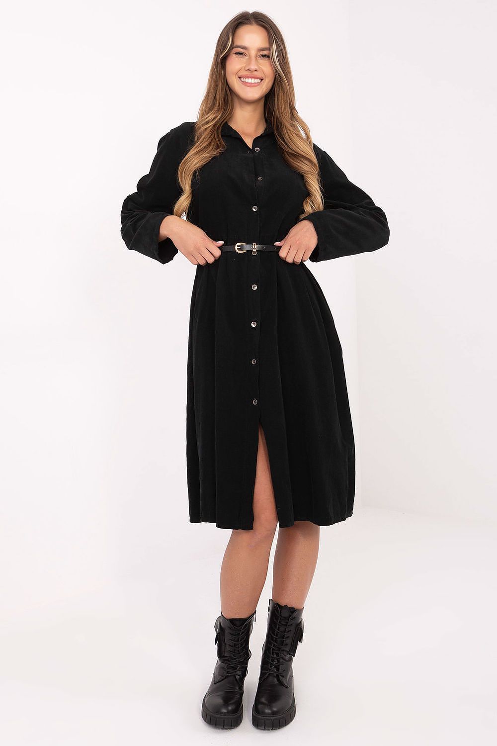 Elegant Classic Cotton Midi Shirt Dress from Italy Moda showcasing a flared cut and belted waist, perfect for sophisticated everyday wear.