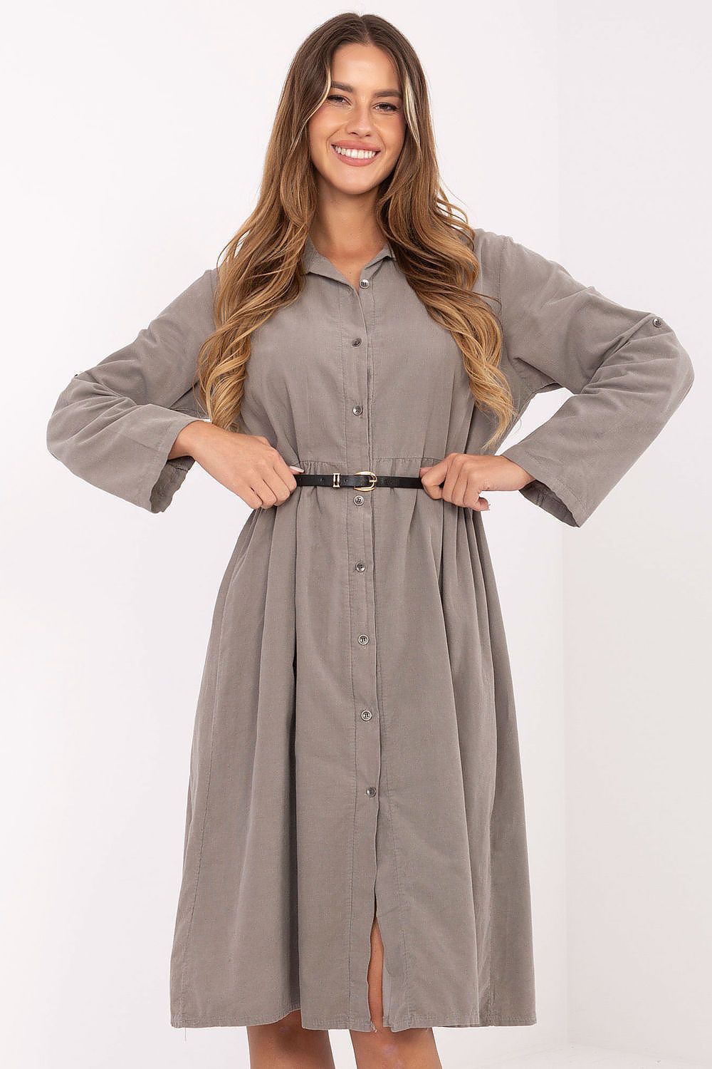 Model wearing the Italy Moda Classic Cotton Midi Shirt Dress in a stylish casual setting, exemplifying its versatility for both work and leisure.