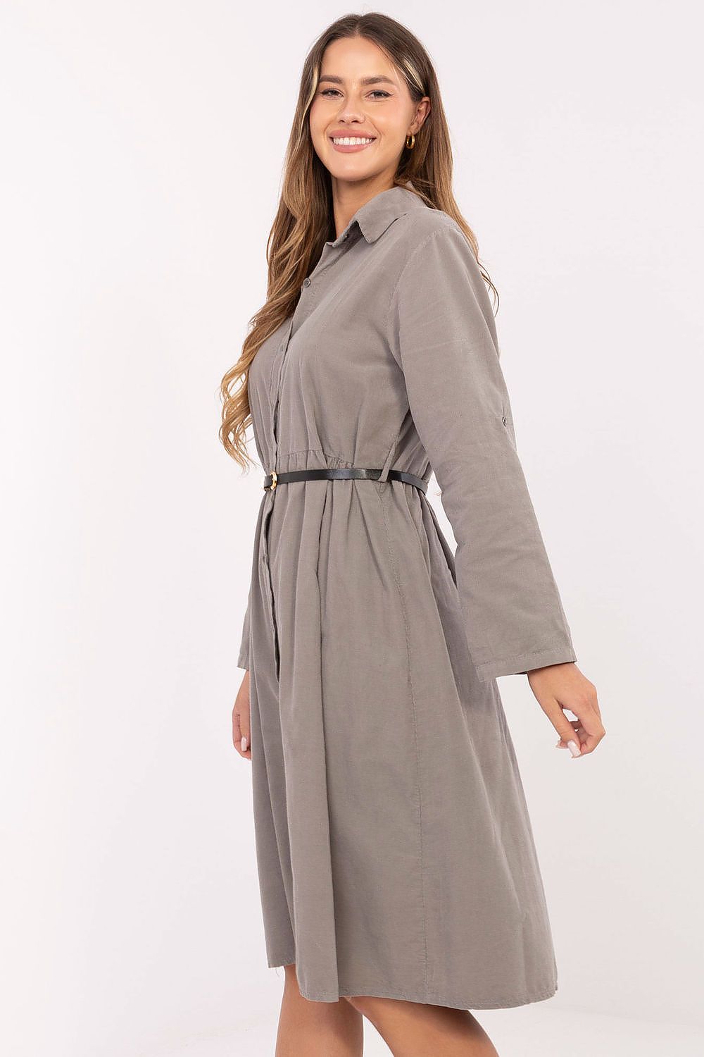 Full-length view of the Classic Cotton Midi Shirt Dress by Italy Moda, highlighting the elegant midi length and breathable cotton fabric.