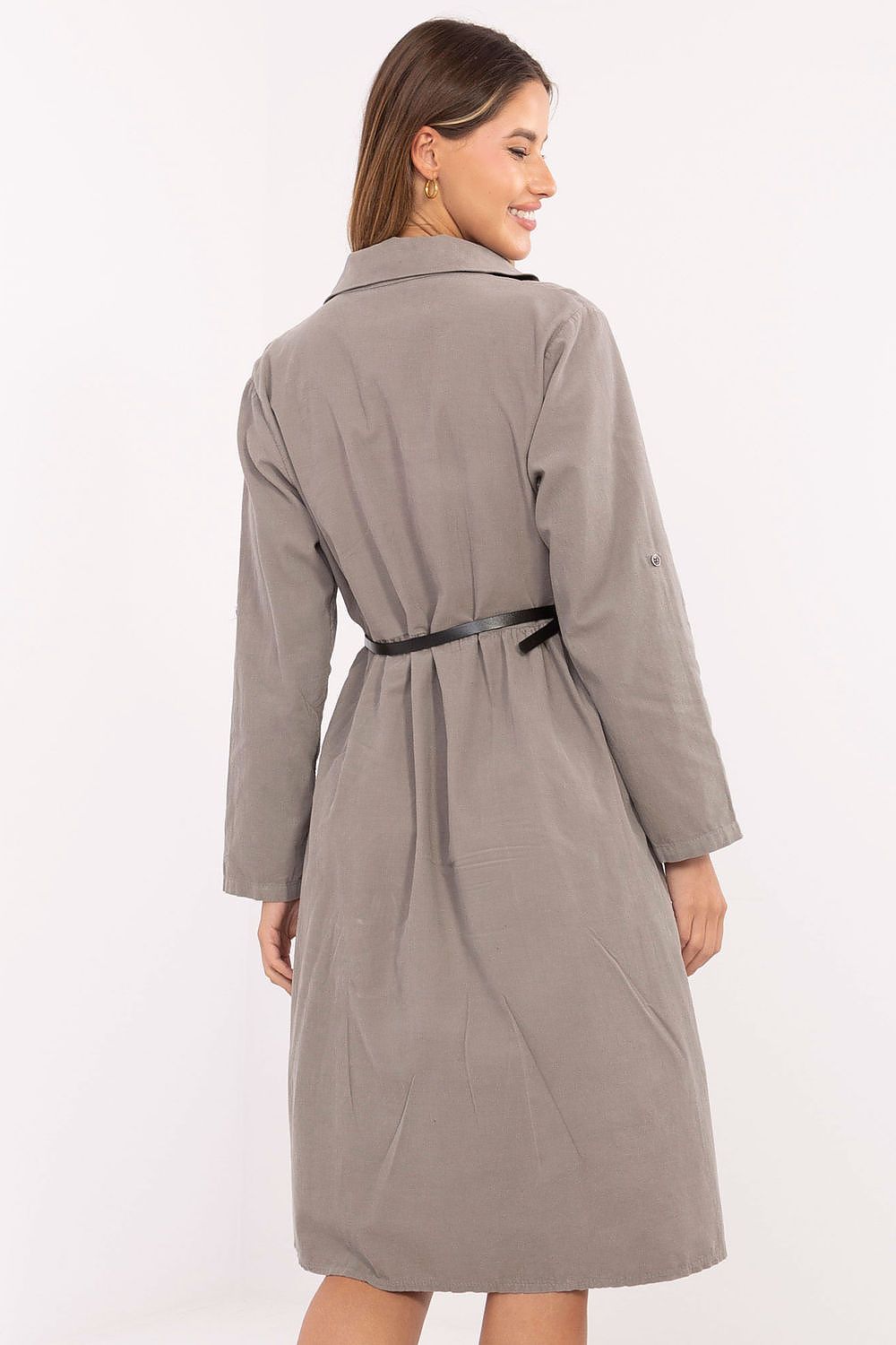 Elegant Classic Cotton Midi Shirt Dress by Italy Moda, featuring a flared cut, belted waist, and long sleeves, suitable for both casual and professional wear.