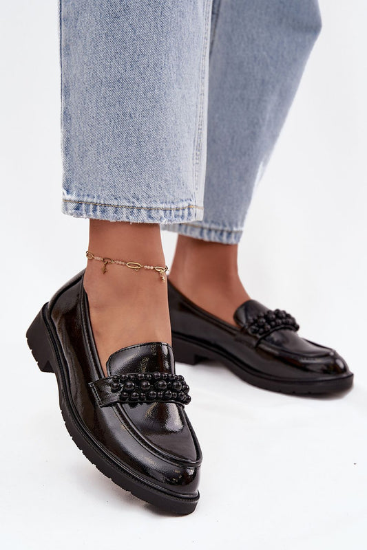 Elegant women's moccasin loafers by Step in Style in patent eco leather, showcasing a chic design with decorative bead accents.