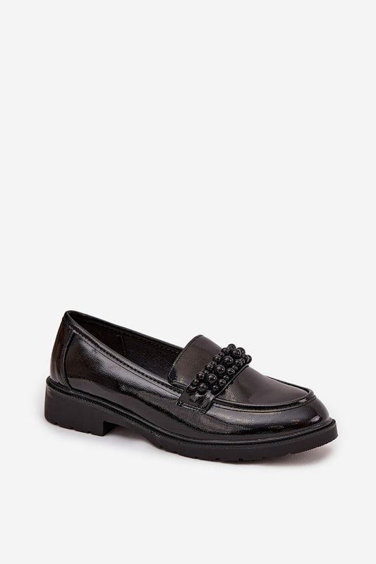 Close-up of Step in Style patent eco leather loafers, highlighting the luxurious rounded toe and comfortable natural leather insole.