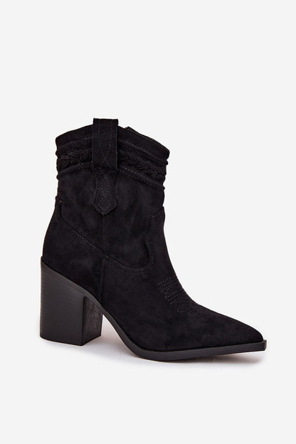 Stylish close-up of Women's Eco Suede Cowboy Ankle Boots, featuring a pointed toe and decorative stitching by Step in Style, perfect for autumn-winter looks.