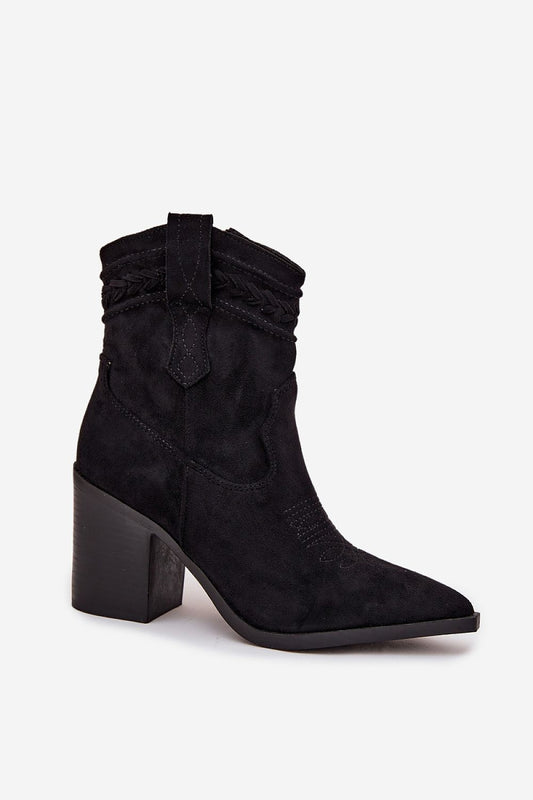 Stylish close-up of Women's Eco Suede Cowboy Ankle Boots, featuring a pointed toe and decorative stitching by Step in Style, perfect for autumn-winter looks.