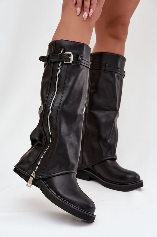 Elegant women's thigh-high eco leather boots with zipper and buckle details, perfect for autumn-winter fashion. Designed by Step in Style, these warm and comfortable boots are available in EU sizes 36-41, ideal for both casual and feminine outfits.