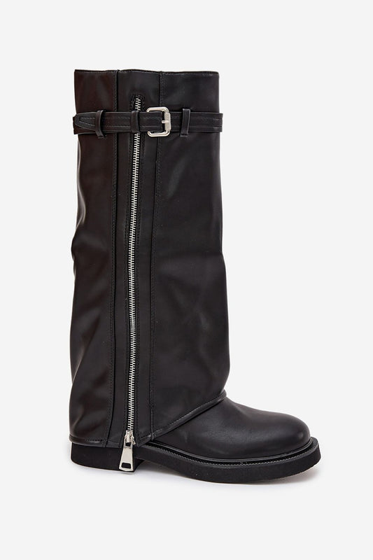 Luxury women's thigh-high eco leather boots with zipper and buckle, crafted by Step in Style, featuring a comfortable slip-on design for warmth during cold seasons.