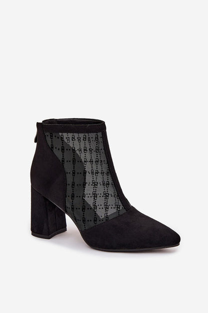 Elegant eco suede ankle boots for women by Step in Style, featuring mesh panels, pointed toes, and a chic column heel, perfect for evening wear.