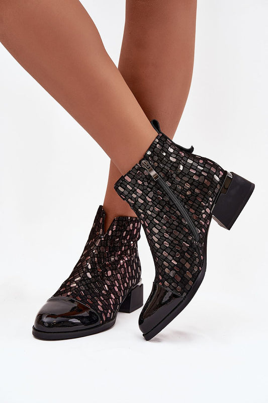 Elegant women's ankle boots in patent leather and suede by Step in Style, featuring a comfortable block heel and luxurious design, perfect for autumn-winter fashion.