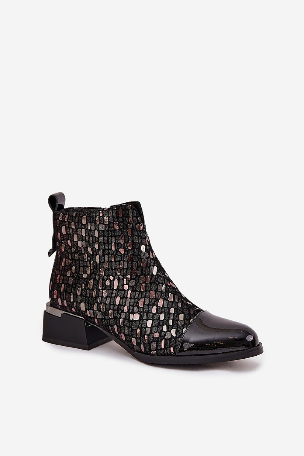 Stylish ankle boots in a unique combination of patent leather and suede by Step in Style, showcasing a shiny upper and block heel for all-day elegance.