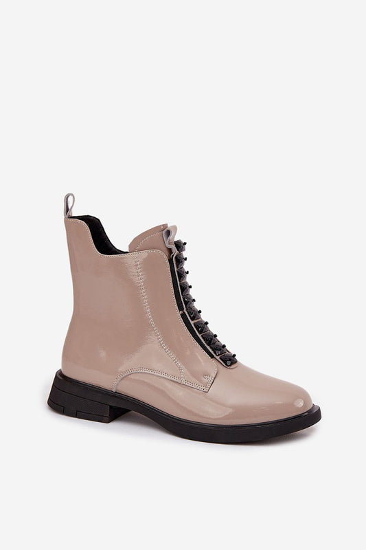 Chic natural patent leather ankle boots for women by Step in Style, showcasing decorative details and versatile design for day and night wear.