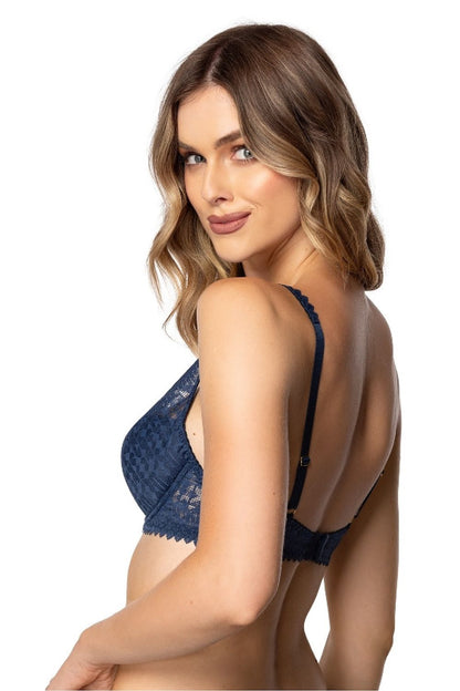 Mat luxury navy blue underwired lace bra displayed elegantly, highlighting its perfect fit and feminine charm, ideal for special occasions.