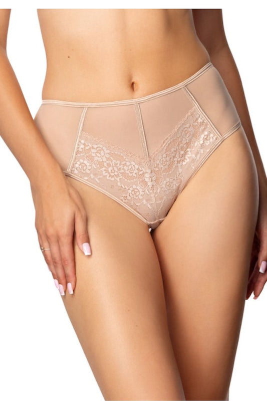 Elegantly designed Beige Sonnet high-waisted lace briefs by Mat, featuring beautiful floral lace inserts and breathable materials for luxurious comfort. Ideal for everyday wear and special occasions.