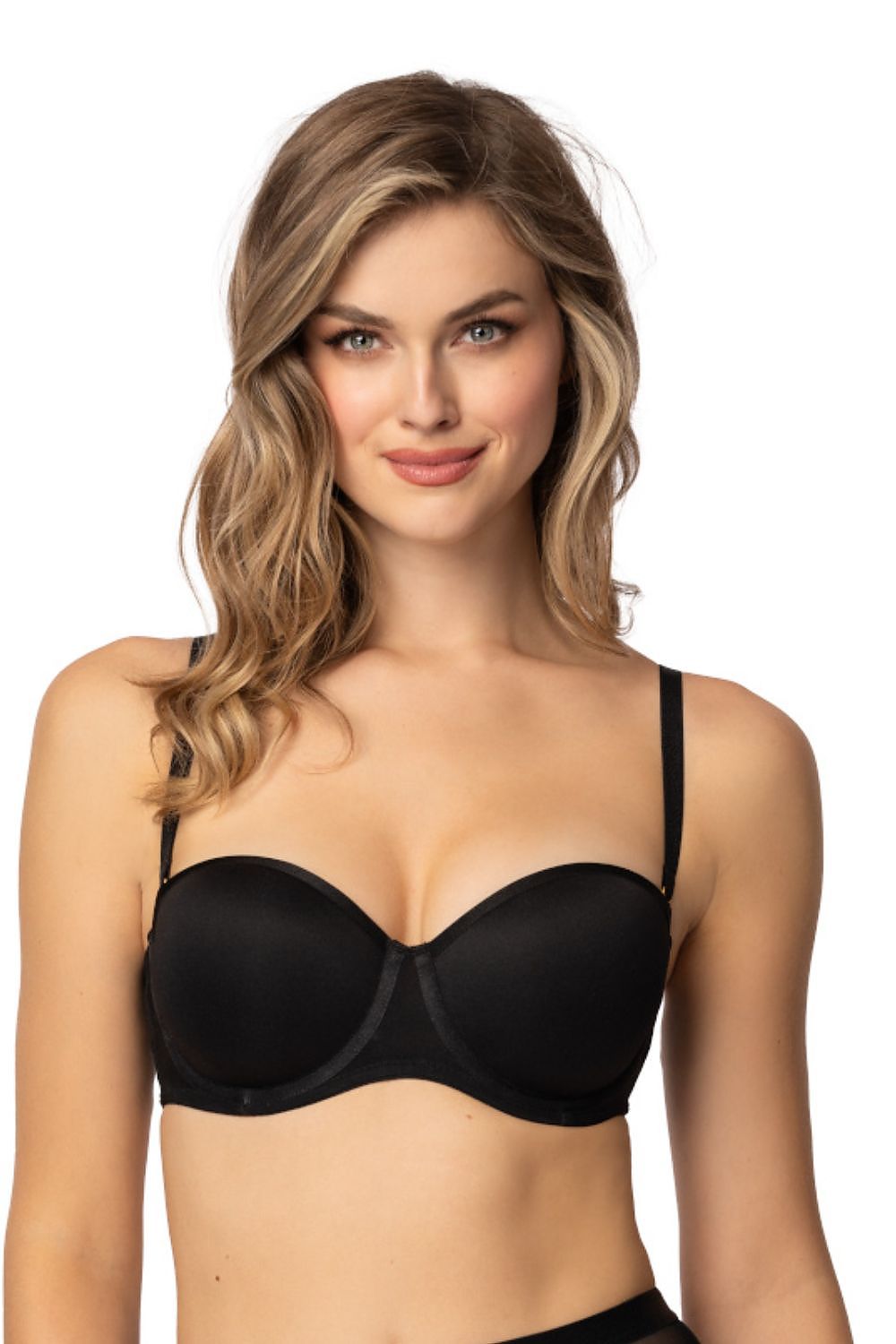 Mat luxury black bardot bra Capri showcasing a lifted bust design with underwires and smooth foam cups, perfect for comfortable everyday wear and special occasions.