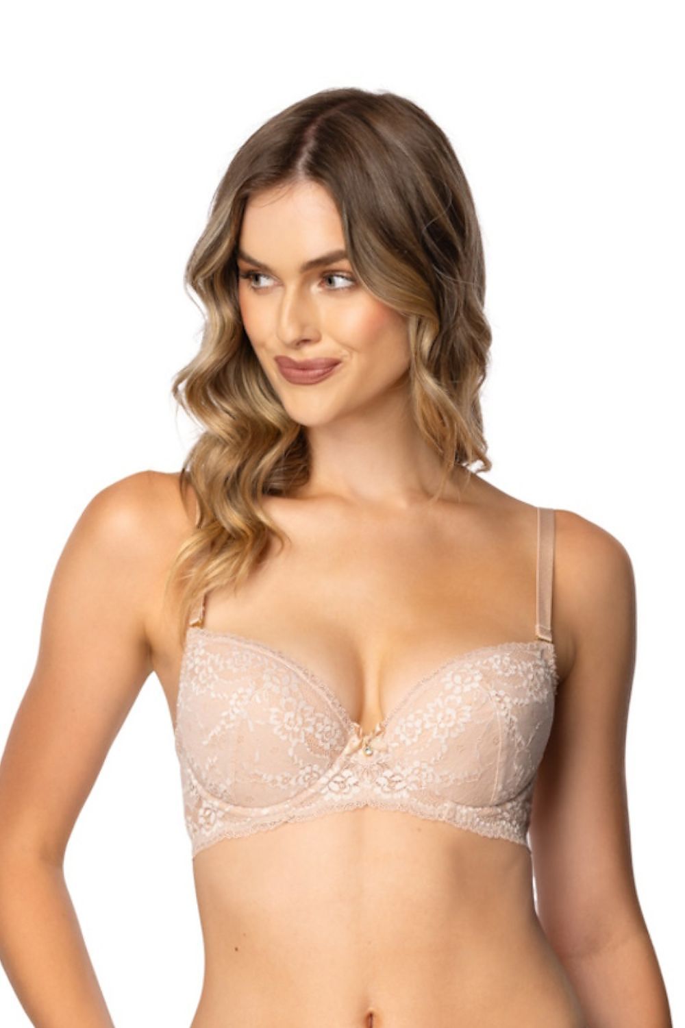 Elegant beige soft bra Sonnet by Mat, featuring adjustable straps and lace detailing for luxurious comfort. Available in sizes EU 65B to EU 110E, ideal for enhancing femininity and style.