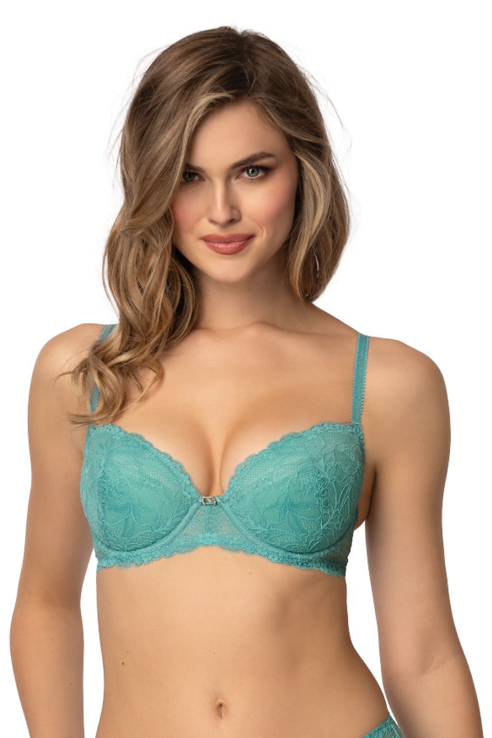 Elegant turquoise push-up bra showcasing lace detailing from Mat, available in sizes EU 65B-90C for a flattering fit.