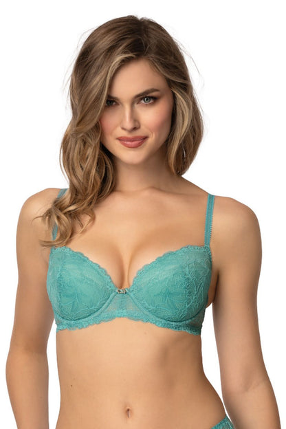 Elegant turquoise push-up bra showcasing lace detailing from Mat, available in sizes EU 65B-90C for a flattering fit.