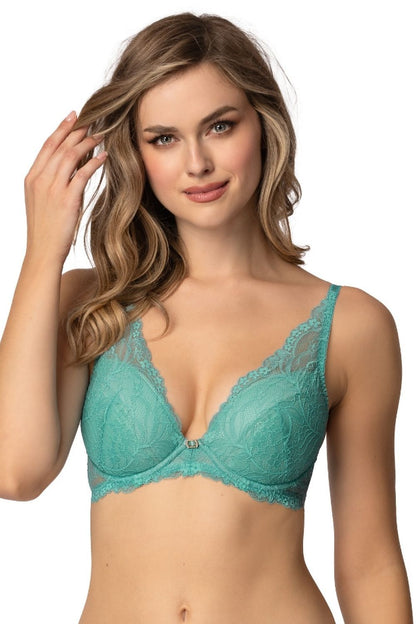 Full view of Mat's stunning luxury turquoise push-up bra with intricate lace embroidery, perfect for achieving a glamorous look.