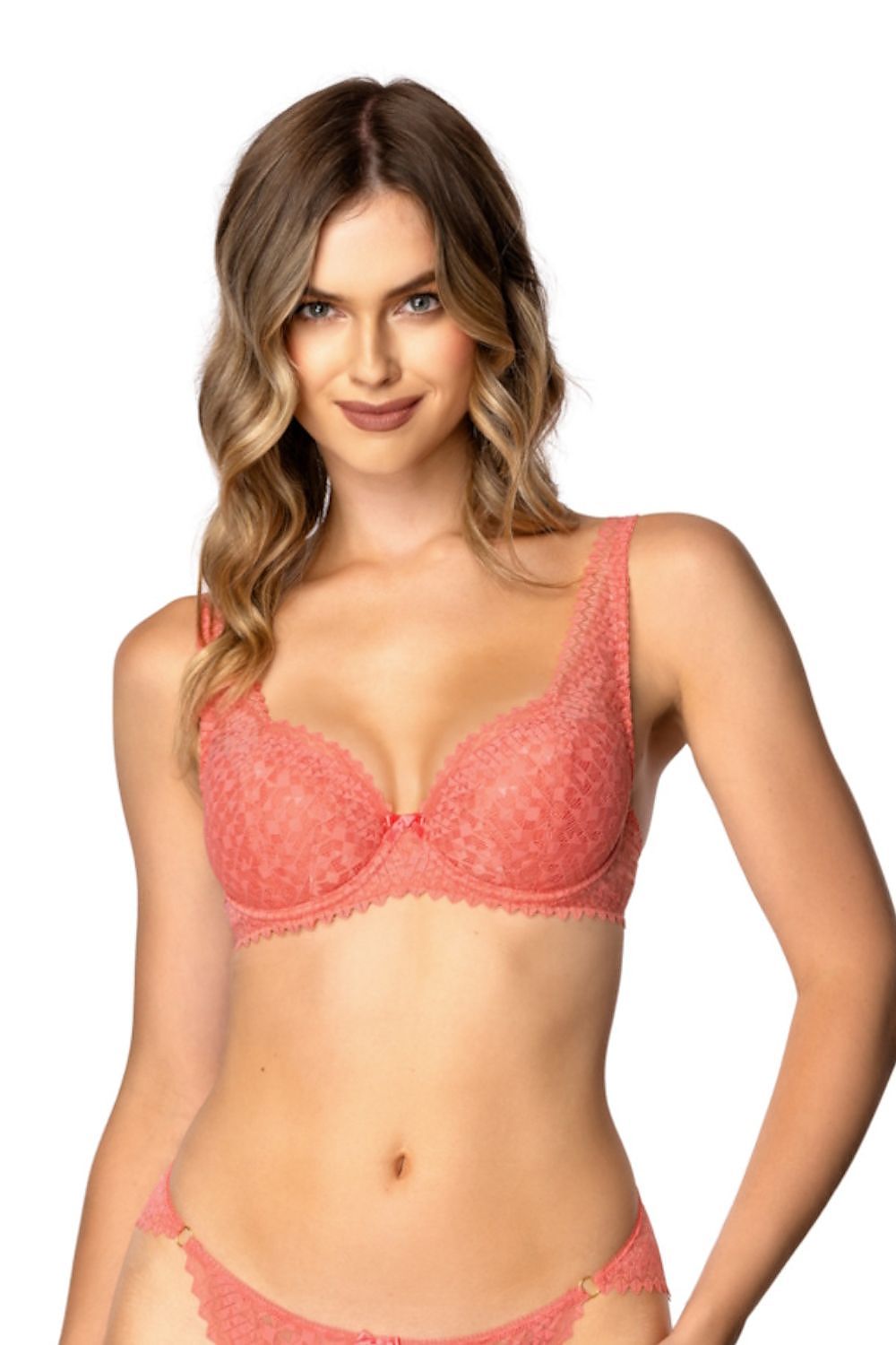 Mat Coral Underwired Lace Bra detailing showing exquisite lace craftsmanship and adjustable straps, perfect for enhancing your silhouette with luxury and comfort.