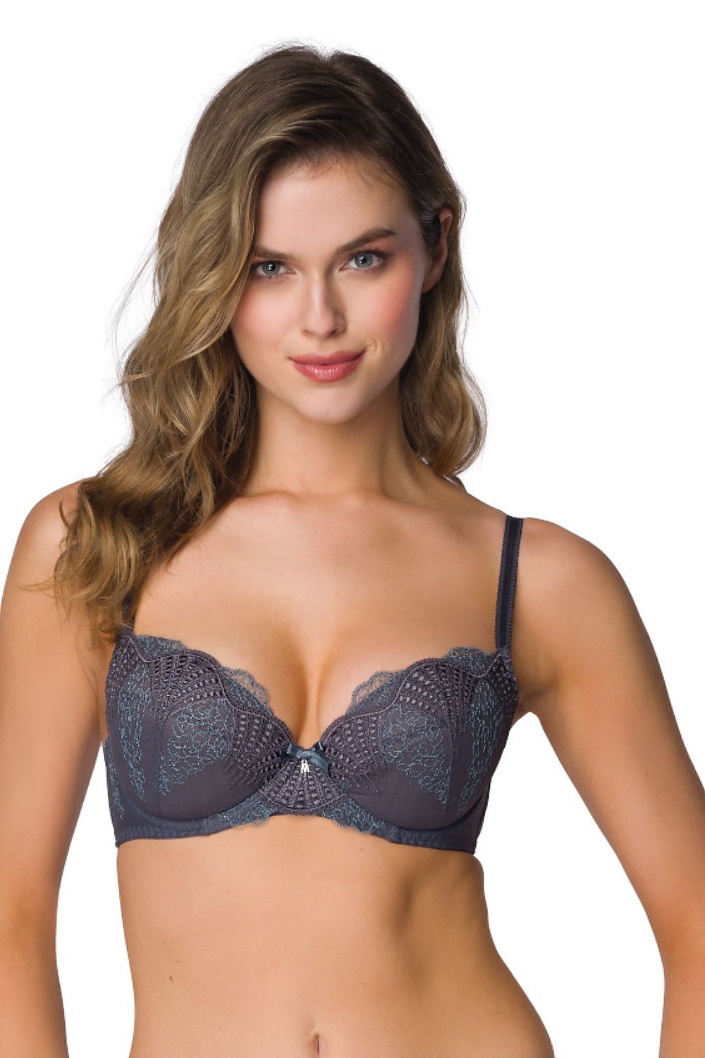 Stylish Melisande Grey Push-Up Bra by Mat, highlighting adjustable straps and a comfortable back closure, perfect for enhancing natural curves.