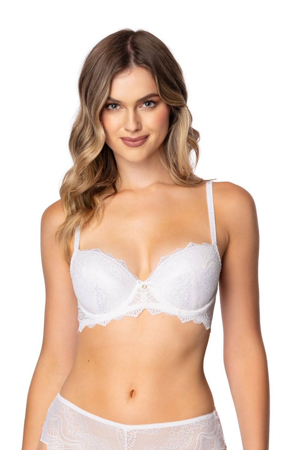 Mat's Ayrin Off-White Lace Push-Up Bra displayed with delicate lace textures and an exquisite lift, ideal for both everyday elegance and special occasions.