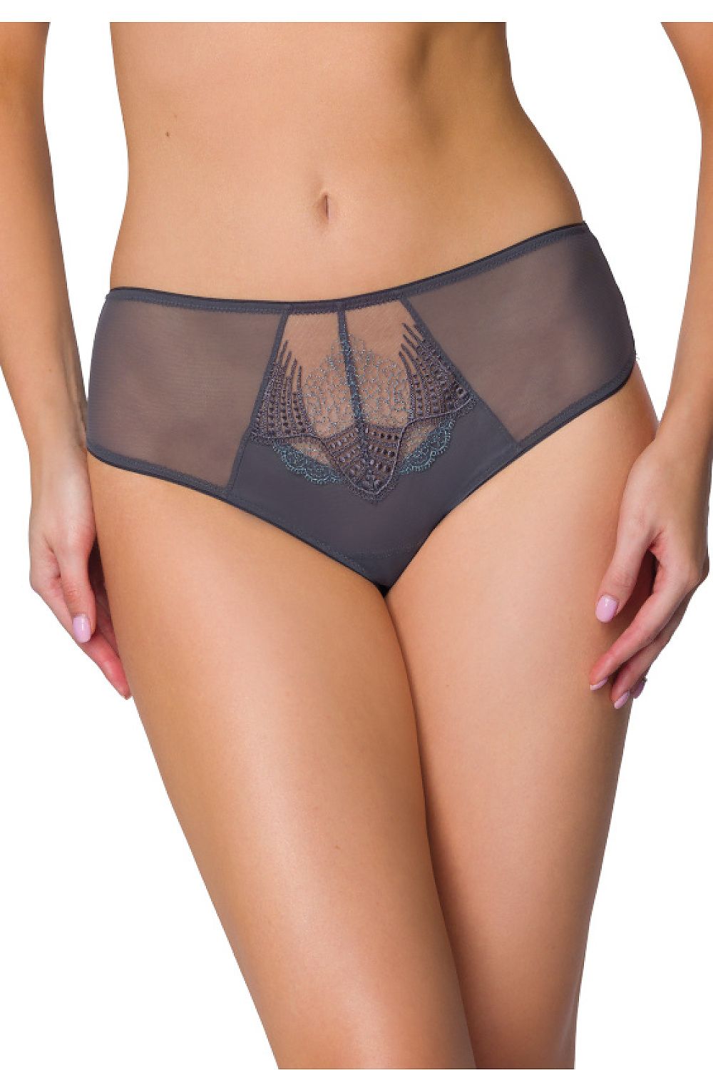 Elegant Melisande grey lace accented briefs by Mat, designed for ultimate comfort and timeless style, available in sizes EU 36-48. Perfectly tailored for the modern woman.