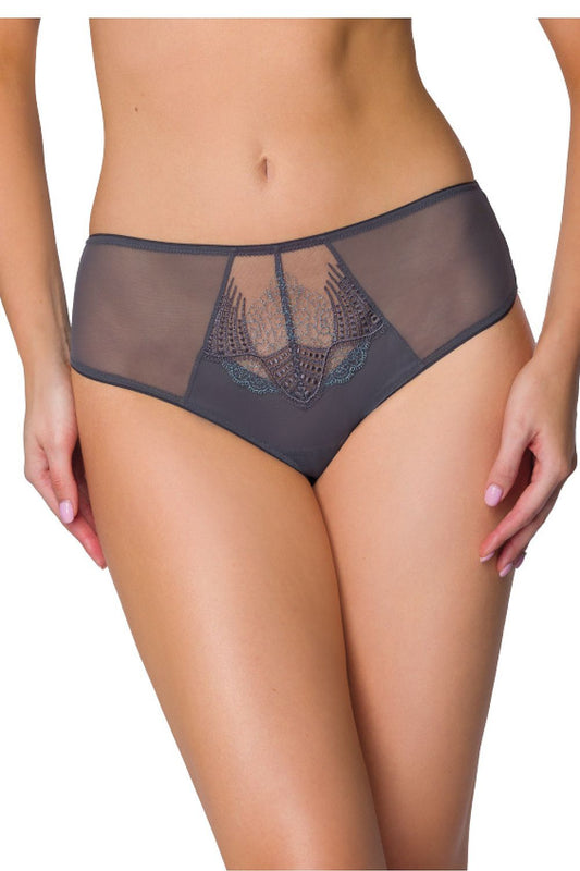 Elegant Melisande grey lace accented briefs by Mat, designed for ultimate comfort and timeless style, available in sizes EU 36-48. Perfectly tailored for the modern woman.
