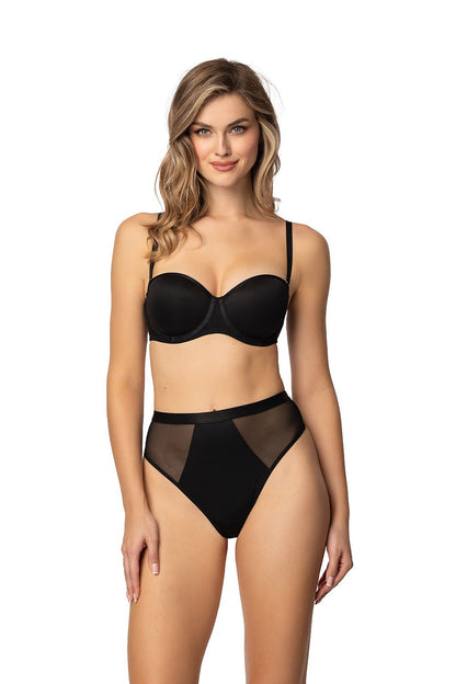 Stunning Capri Black String T-Backs Mat featuring translucent mesh inserts from Mat, embodying modern design and feminine charm, perfect for creating a cohesive lingerie set.
