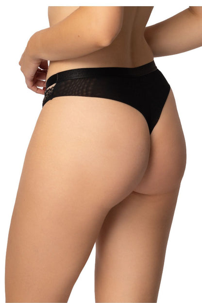 Elegant Zoya Black T-Back strings featuring luxurious lace and transparent inserts, perfect for accentuating femininity and comfort, designed by Mat.