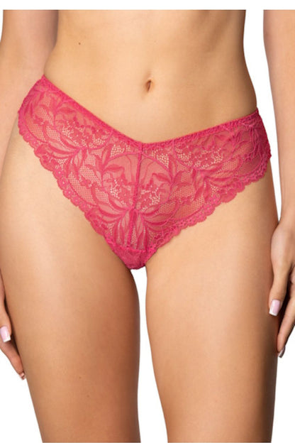 Eternal Brazilian Lace Panties in Raspberry by Mat, showcasing intricate lace details and elegant design for feminine allure.