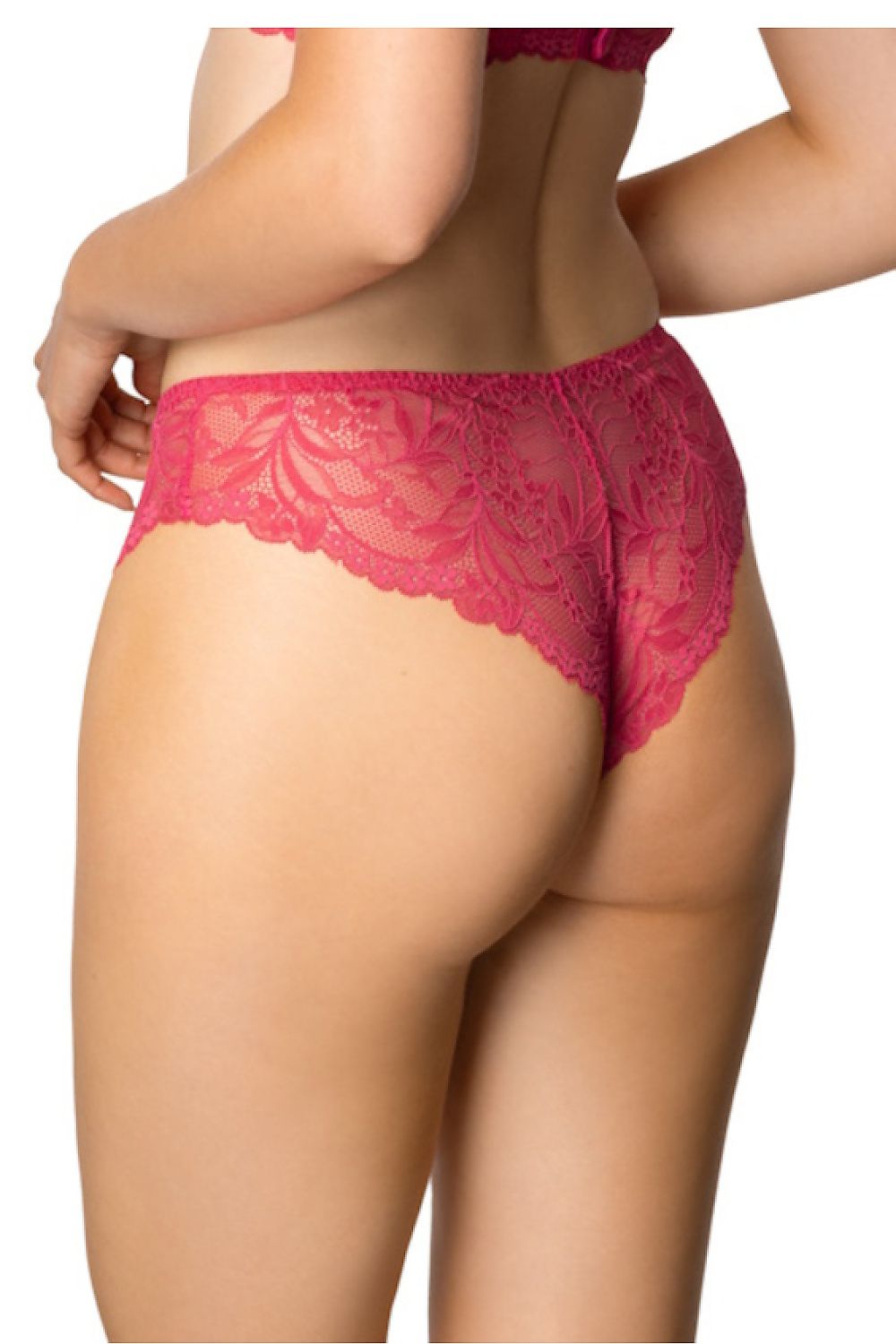 Close-up view of Eternal Brazilian Lace Panties in rich Raspberry by Mat, featuring delicate lace that enhances feminine curves.