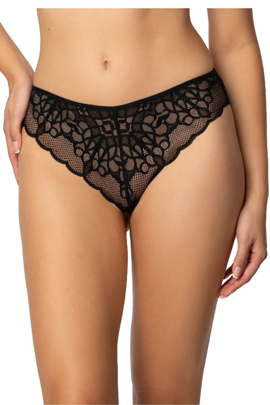 Luxurious black Brazilian panties Venice F-4023/54 by Mat, featuring delicate lace, decorative wavy edges, and an elegant silhouette, perfect for sophisticated everyday comfort and special occasions.