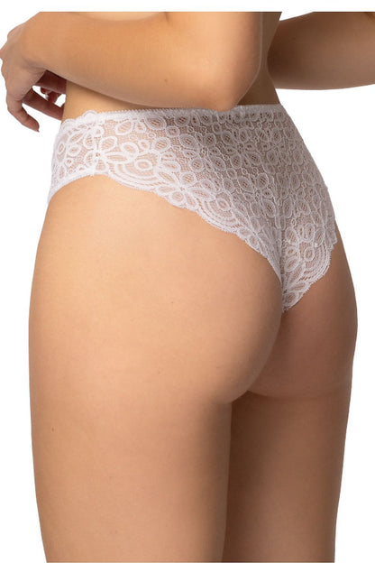 Luxurious white Brazilian lace panties by Mat, designed for EU sizes 36-48, showcasing elegant lace patterns that highlight feminine curves and ensure perfect comfort.