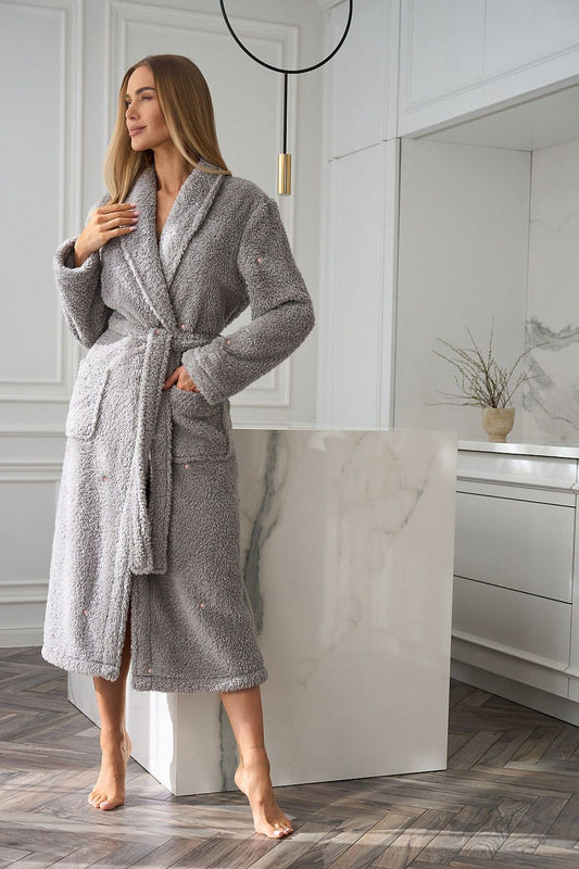 Luxury women's star-embroidered bathrobe in fluffy knitwear by L&L collection, showcasing elegant shawl collar and long sleeves for ultimate comfort.