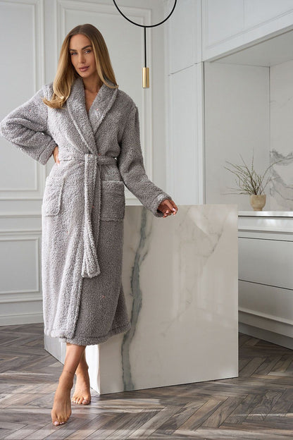 Close-up of luxurious star embroidery on L&L collection women's bathrobe, highlighting the soft, fluffy knit texture and refined stitching details.