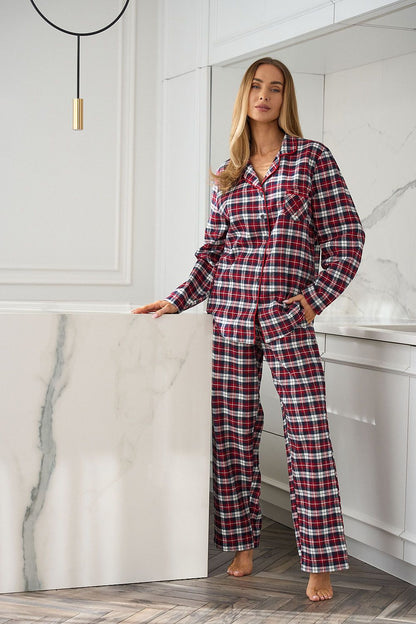 Luxurious women's long sleeve cotton pajama set from L&L collection featuring a stylish check print and elegant detailing, perfect for homewear.
