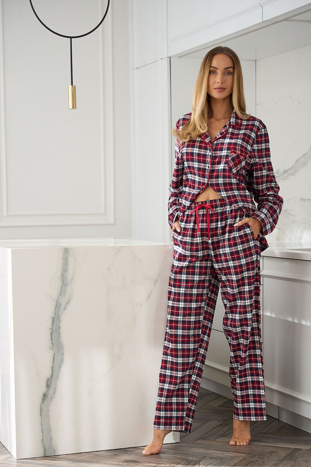Elegant cotton pyjamas by L&L collection, showcasing a fashionable design with buttoned shirt and sophisticated piping, ideal for comfort at home.