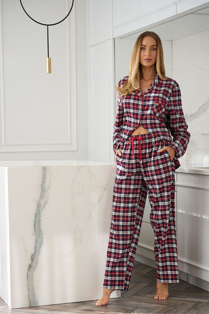 Elegant cotton pyjamas by L&L collection, showcasing a fashionable design with buttoned shirt and sophisticated piping, ideal for comfort at home.