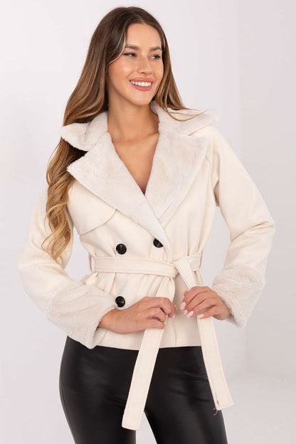 Elegant women's short fur coat by Rue Paris, featuring a double-breasted design, waist belt, and made from high-quality polyester blend, ideal for autumn and winter fashion.