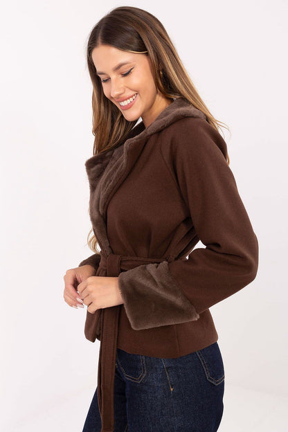 Elegant women's short fur coat by Rue Paris, featuring a sophisticated double-breasted design and a flattering waist belt, perfect for autumn and winter styles.