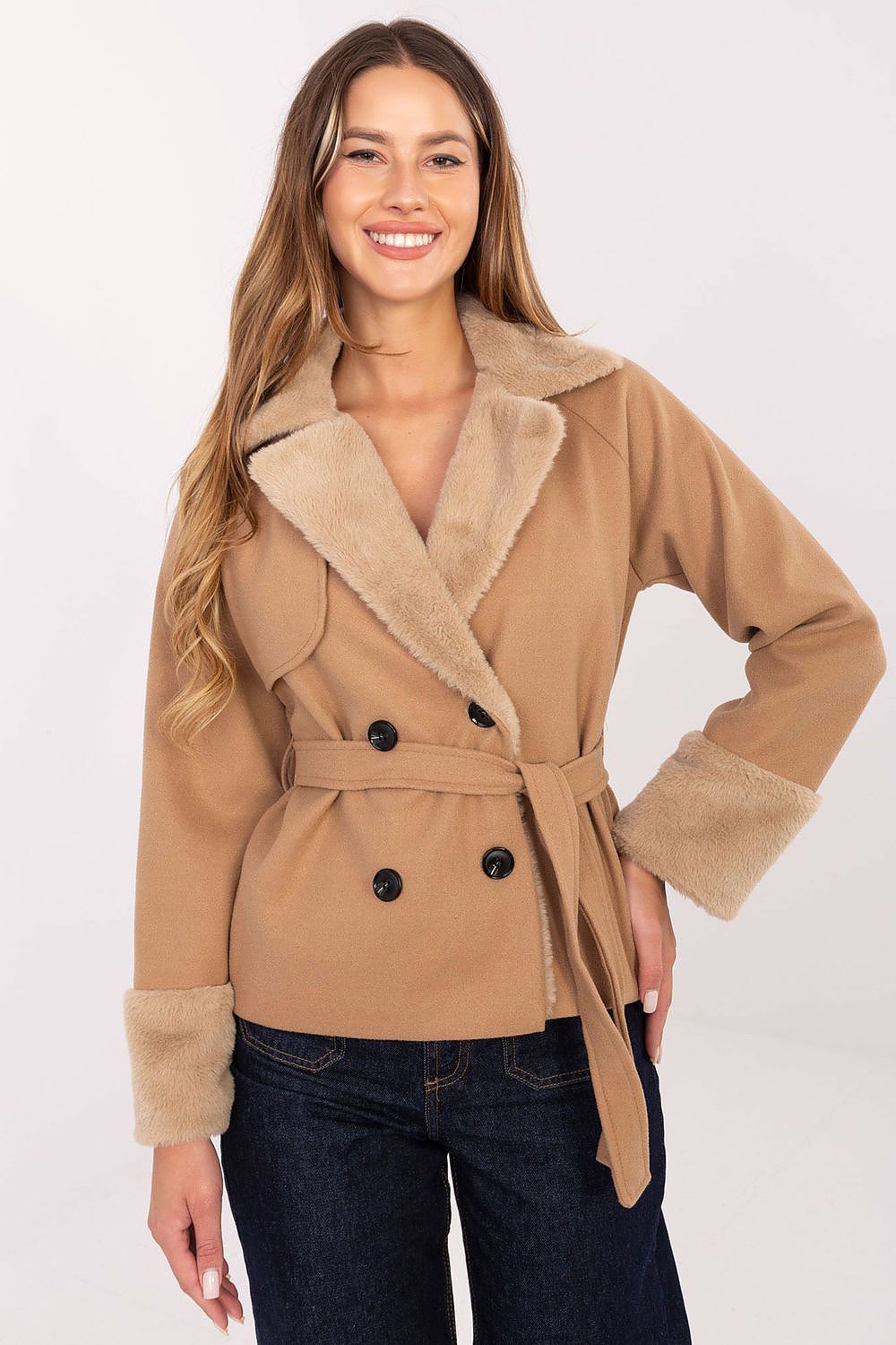 Luxurious women's fur coat by Rue Paris, showcasing a modern shorter cut with smooth material and elegant lining, ideal for enhancing any autumn or winter outfit.