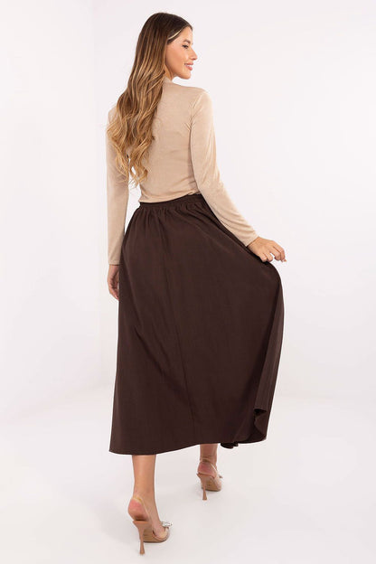 Luxurious polyester blend midi skirt by Rue Paris, highlighting the sophisticated draping and feminine silhouette.